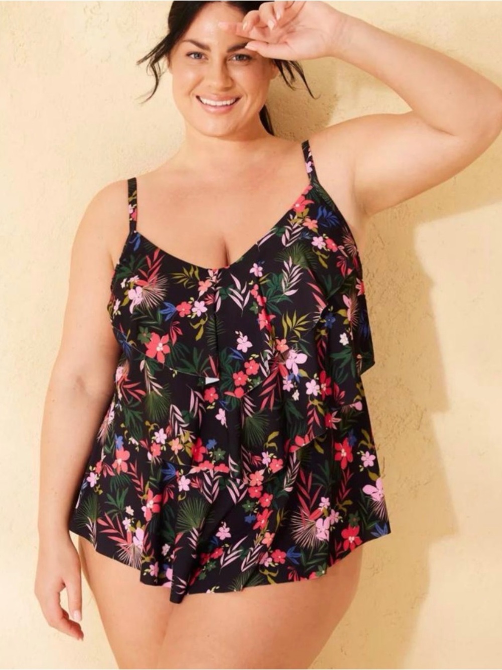 NWT 1X Black pink Tropical Floral Swim Suit Tankini Top Shade & Shore NEW!